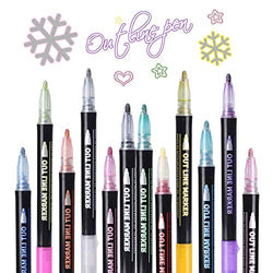 Double Line Metallic Markers,Pecosso Outline Metal Marker Pens,12 Colors Paint Permanent Pen for Writing and Drawing Lines on Paper,Gift Cards,Greeting Cards,Rock Painting,Metal,Wood,Ceramic,Glass