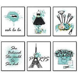 Glam Teal Wall Art Prints Set of 6 Perfume Bottle Flower Lips Canvas Makeup Posters High Fashion Design Paris Artwork Bedroom Decor for Women Girl Room Decor (11"x14" UNFRAMED, Glam Teal)