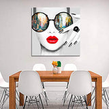 Contemporary Wall Art Modern Fashion Women with Red Lip Canvas Print Stylish Feminine Wall Art Painting Framed Cityscape Piture Ready to Hang for Home Decoration (40x40inch)