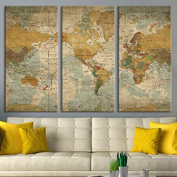 World Map Push Pin Wall Art by Sami Eymur | 3 Piece Multi Panel X-Large Hanging Canvas Print for Home Decor | Track Your Travels with This Vintage Looking Map | Framed & Ready to Hang, 3 Size ...