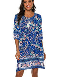 Women's Summer Casual Bohemian Neck Tie Vintage Printed Ethnic Tunic Boho Dress (Light Blue,M)