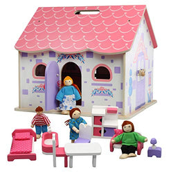 Beverly Hills Wooden Fold and Go Dollhouse with Furniture and Family Doll Figures - Fully Furnished Kitchen, Living Room, Bedroom, Bathroom Accessories, Foldable (20 Pieces)