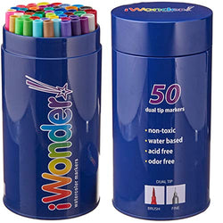 iWonder! Dual Brush Pens set of 50 Art Markers for Coloring Books for Adults, Kids, Watercolor Markers, Journal Supplies, Calligraphy Pens, Fineliner Art Pens, with Portable Tin Tube