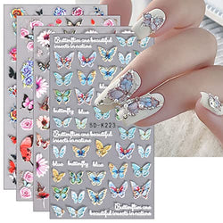 JMEOWIO 3D Embossed Spring Butterfly Flower Nail Art Stickers Decals Self-Adhesive Pegatinas Uñas 5D Colorful Nail Supplies Nail Art Design Decoration Accessories 4 Sheets