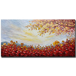 MUWU Canvas Oil Paintings, 24x48 inch Red Tree Paintings Texture Palette Knife Modern Home Decor Wall Art Painting Colorful 3D Flowers Wood Inside Framed Ready to hang