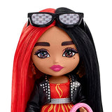Barbie Doll, Barbie Extra Minis Doll with Red and Black Hair, Kids Toys, Flame-Print Dress and Moto Jacket, Small Doll, Clothes and Accessories