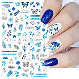 Butterfly Nail Art Stickers Decals Blue Butterflies Flowers 3D Nail Sticker Summer Floral Leaves Adhesive Transfer Decal Slider Nail Decorations for Acrylic Nails DIY Nail Art Supplies 10 Sheets