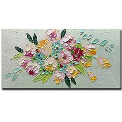 AZAVY ART,24X48 Inch Modern Abstract Hand Painted 3D Textured Colorful Flower Wall Art Floral Bouquet Oil Paintings on Canvas Still Life Artwork Stretched and Framed Ready to Hang for Living Room Bedroom
