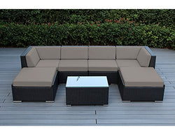 Ohana 7-Piece Outdoor Patio Furniture Sectional Conversation Set, Black Wicker with Sunbrella Taupe Cushions - No Assembly with Free Patio Cover