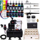 OPHIR Professional 3X Airbrush Kit & 3L Air Compressor Tank with 12 Colors Set Acrylic Paint & Wooden Paint Rack for Model Hobby Crafts Painting