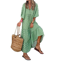 Women's Bohemian Flower Print Long Dress, V-Neck Puff Loose Swing Maxi Beach Dress Fashion Smocked Tiered Flares Sundress (Light Green, L)