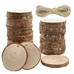 CEWOR 68pcs 1.6"-2" Unfinished Predrilled Natural Wood Slices with Holes Craft Wood and 33Ft Jute