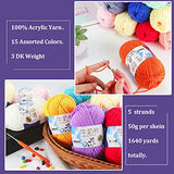 Hamnor 15 Acrylic Yarn Skeins 15 Colors x50g Colorful DIY Craft Cotton Threads and Craft Eyes,Crochet Hook  Set 1640 Yards