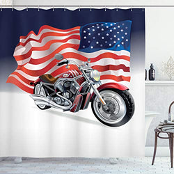 Ambesonne Manly Shower Curtain, Motorbike and US Flag Sports Automobile Shows Motorcyclist Powerful Vehicles Passion, Cloth Fabric Bathroom Decor Set with Hooks, 70" Long, Navy Red