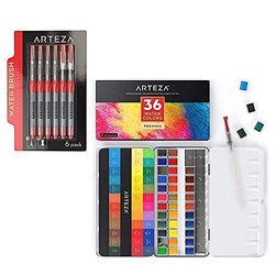 Arteza Watercolor Paint, Set of 36 Assorted Vibrant Colors in Half Pans and Water Brush Pens Bundle for Artists, Art Painting, Ideal for Watercolor Techniques