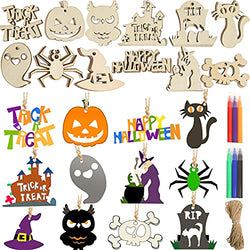 DERAYEE 60Pcs Halloween Wooden Slices Cutouts, Halloween DIY Crafts Decorations Blank Hanging Gift Tags Ornaments for Kids Party Favor Supplies