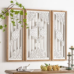 HollyHOME Three Piece Flower Wall Decor, 43.7"(L) x35.43(H), Rectangular Wood Wall Sculpture with Metal Plant Flower, Modern Abstract Wall Panel Art for Home, Hotel, Living Room Decoration, White