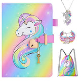 Diary with Lock for Girls Unicorn Journal Notebook Drawstring Bag Necklace Bracelet Gifts Set for Kids, Rainbow