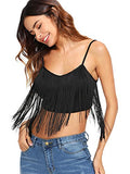 Romwe Women's Tassel Trim Spaghetti Strap V Neck Camis Crop Top Vest Black S