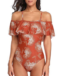 Tempt Me Women's Orange Floral Ruffle One Piece Swimsuits Off Shoulder Flounce Slimming Bathing Suits L