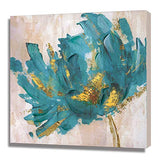 Faicai Canvas Flower Paintings Turquoise and Gold Lotus Hand Painted 3D Textured Oil Paintings Modern Abstract Canvas Wall Art Pictures Home Decor for Living Room Office Hotel Wooden Framed 24“x24”