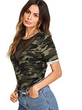 Romwe Women's Casual Sheer Mesh V Neck Short Sleeve Camo Print Tee Shirt Tops Army Green Large