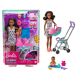 Barbie Skipper Babysitters Inc. Playset with Babysitter Doll (Curly Brunette Hair), Stroller, Baby Doll & 5 Accessories, Toy for 3 Year Olds & Up