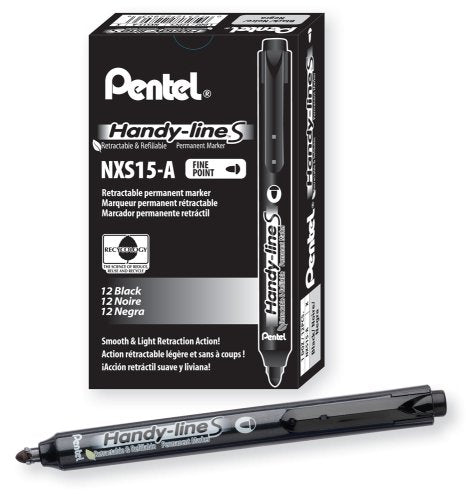 Pentel Handy-line S Retractable and Refillable Permanent Marker, Chisel Tip, Black Barrel, Black