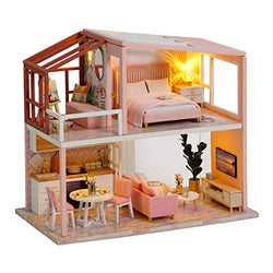 F Fityle DIY Miniature Doll House Kit - Wooden Miniature Dollhouse Model Kit - with Furniture, Led Lights Mini Toy House - The Best Toy Gift for Boys and Girls - Style1