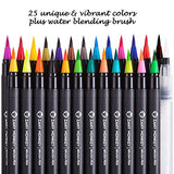 Watercolor Brush Pens - Set of 25 Water Color Brush Tip Markers for Kids & Adult Coloring Books, Painting, Drawing, Art, Calligraphy, Lettering, Journaling. Bonus Coloring Book & Water Blending Pen.