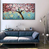 Modern Art 100% Hand Painted Framed Home Wall Decor Art Blooming Flower Tree Oil Painting Abstract Artwork Cherry Blossoms Pink Flowers Blue Teal Colourful Starry Night Sky Living Room Decoration