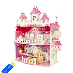 KAINSY Dollhouse for Girls, Large Castle Two-Story Playhouse Dolls Dream House Playset with Dolls, Lights, Furniture and Accessories Kit, Included Living Room, Bedroom, Kitchen and Bathroom, Pink
