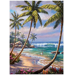 5D DIY Diamond Painting Beach Sea Canvas Pictures Dot by Number Kits Full Drill Seashore Scenery Coconut Tree Arts and Crafts Cross-Stitch Patterns for Living Room Bedroom Kitchen Bathroom