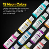 GenCrafts Pouring Neon Acrylic Paint Set - Set of 12 Fluorescent Colors - Pre-Mixed High Flow & Ready to Pour - 2 oz./ 59 ml Bottles - Multi-purpose Paints for Canvas & Paper, Rocks, Wood and More