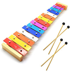 CELEMOON Natural Wooden Toddler Xylophone Glockenspiel For Kids with Multi-Colored Metal Bars Included Two Sets of Child-Safe Wooden Mallets (15-tone)