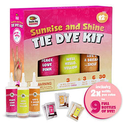 Orange, Yellow, Pink Tie Dye Colors in Sunrise & Shine Tie Dye Kit (Tye Dye Kit). Custom Clothing Dye with 6 Refills for Multiple Projects, Soda Ash, Ties, Free Tie Dye Techniques Guide