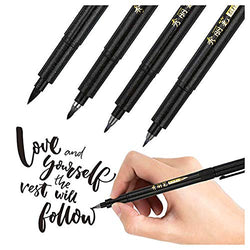 Refillable Hand Lettering Pens, 4 Size Black Calligraphy Pen Brush Markers Set for Beginners Writing,Signature,Bullet Journaling,Art Drawing, Design (4 Sizes Black Ink Pen)