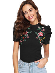 Romwe Women's Elegant Pearl Embellished Puff Short Sleeve Embroidered Blouse Tops (Large, Black-Embroidered)