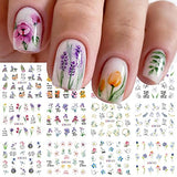 Flowers Nail Art Stickers 12 Sheets Floral Water Transfer Nail Decals Spring Nail Art Decorations Butterfly Flower Dragonfly Design Acrylic Nail Stickers for Women DIY Nail Art Supplies