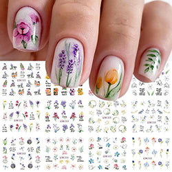 Flowers Nail Art Stickers 12 Sheets Floral Water Transfer Nail Decals Spring Nail Art Decorations Butterfly Flower Dragonfly Design Acrylic Nail Stickers for Women DIY Nail Art Supplies