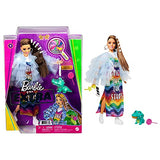 Barbie Extra Doll #9 in Blue Ruffled Jacket with Pet Crocodile, Long Brunette Hair with Bling Hair Clips, Layered Outfit & Accessories, Multiple Flexible Joints, Gift for Kids 3 Years Old & Up