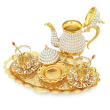 Luxurious Copper and Brass Elegant All in One Serving Set, Large Tea Pot, Decorated with Crystals and Pearls Resistant to High Temperatures (12 Pieces Serving Set)