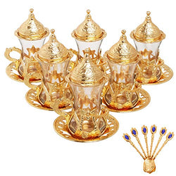 Alisveristime (Set of 6 Handmade Turkish Tea Water Zamzam Serving Set Glasses Saucer and Spoon (Gold)