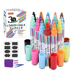 Liquid Chalk Markers,30 Colors Shuttle Art Erasable Chalk Pens with 48 Chalkboard Labels,1 Cleaning Cloth,1 Tweezer and 2 Reversible 6mm Bullet and Chisel Tips for Chalkboard,Blackboard,Window,Glass