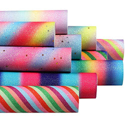 Funcolor 10Pcs/Set 8x12 Inch A4 Sheet Glitter Rainbow Faux Leather Sheets Fabric Glitter Synthetic Leather Sheet Assorted Faux Leather Sheets Bundle for Making Earrings Bows Jewelry Wallet DIY Sewing Craft