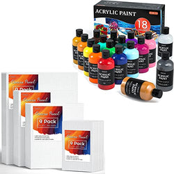 Shuttle Art Canvas Panels and Acrylic Paint Bundle, Art Painting Supplies Set for 18 Colors Acrylic Paint Bottles (240ml/8.12oz) & 36 Pack Painting Canvas (5x7”, 8x10”, 9x12”, 11x14”)