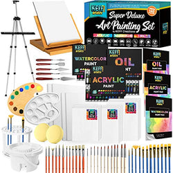 Keff Creations Professional Deluxe Painting Kit Contains all Painting supplies and accessories including paint tubes, table top easel, stretched canvas more. Great Painting Set for Beginners or Artist