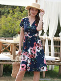 OUGES Women's Summer Short Sleeve V-Neck Pattern Knee Length Dress with Pockets Summer Dress 2023(Floral02,M)