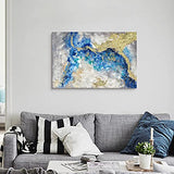 Blue Abstract Gold Painting Wall-Art: Navy Marble Canvas Art Golden Foils Art Gray Modern Picture Beach or Coastal Artwork for Large Wall Decor Living Room