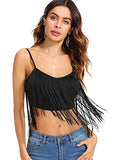 Romwe Women's Tassel Trim Spaghetti Strap V Neck Camis Crop Top Vest Black S